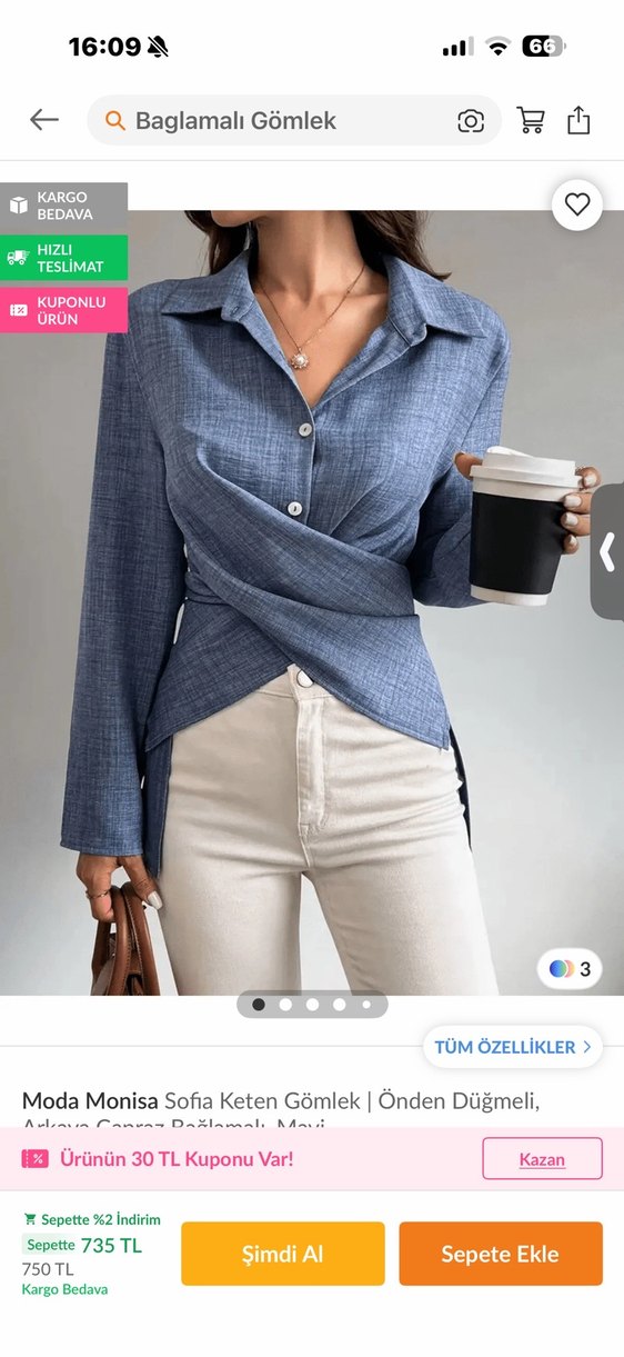 Moda Monisa Sofistike Mavi Keten Gömlek - Görsel 3