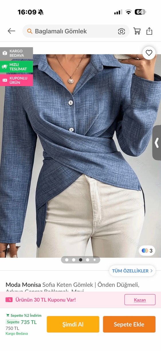 Moda Monisa Sofistike Mavi Keten Gömlek - Görsel 2