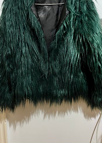 Zümrüt yeşili kürk Kadın Midi Ceket - Görsel 3