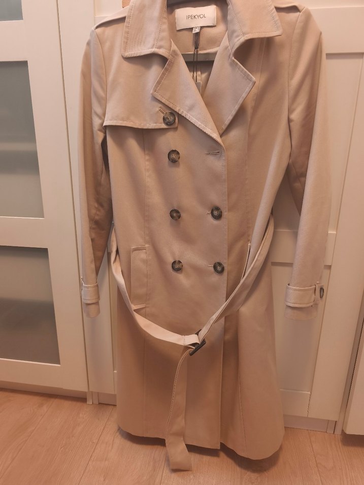 Bej, Kemerli Midi Kadın Trençkot - Görsel 3