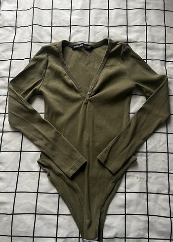 Zara Haki V Yaka Uzun Kollu Bodysuit