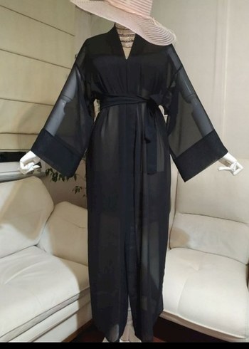 Siyah Uzun Kadın Kimono V Yakalı