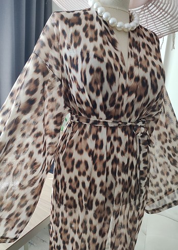 Drapeli Leopar Desenli Uzun Bohem pareo - Görsel 11