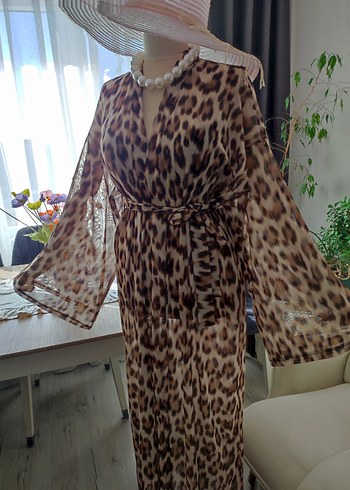 Drapeli Leopar Desenli Uzun Bohem pareo - Görsel 5