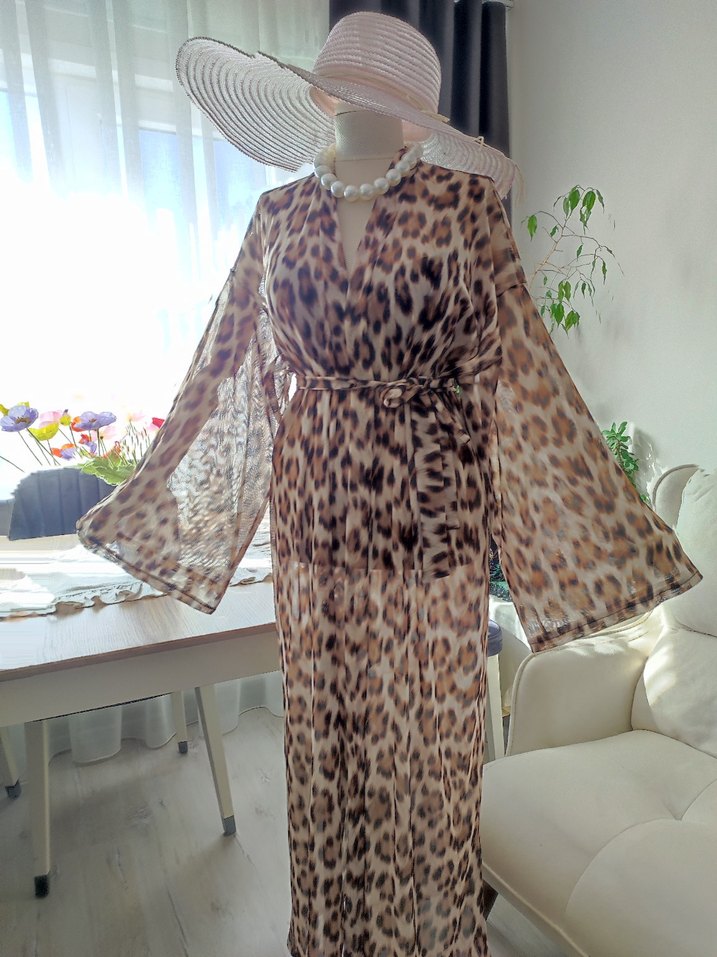 Drapeli Leopar Desenli Uzun Bohem pareo - Görsel 2