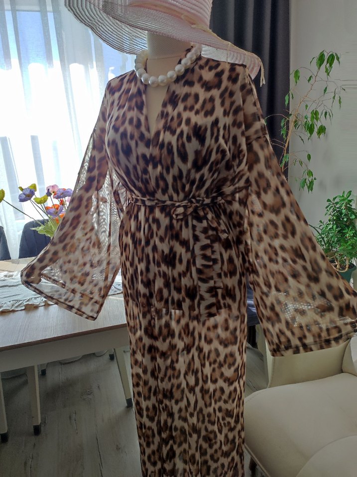 Drapeli Leopar Desenli Uzun Bohem pareo - Görsel 5