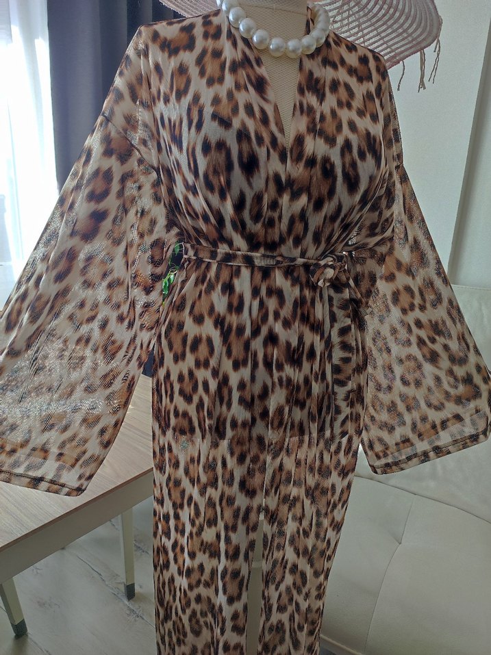 Drapeli Leopar Desenli Uzun Bohem pareo - Görsel 3