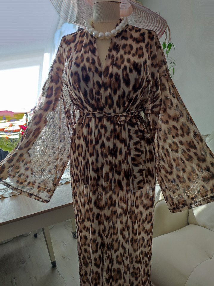 Drapeli Leopar Desenli Uzun Bohem pareo - Görsel 4