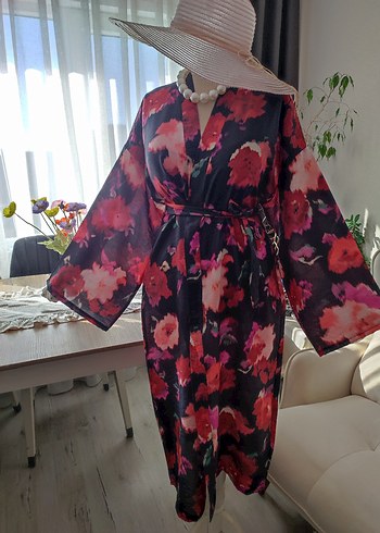 universal Beden bordo Renk Bordo Çiçek Desenli Bohem Uzun Kimono