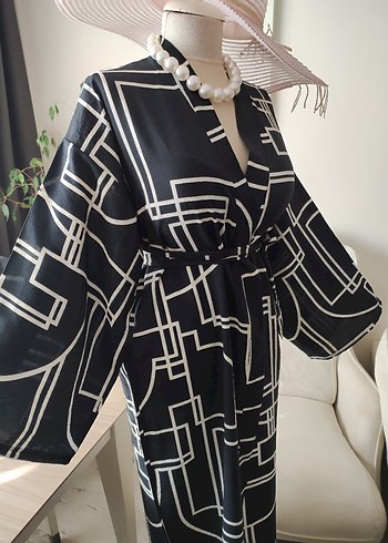 universal Beden siyah Renk Uzun Desenli Kadın Kimono Siyah