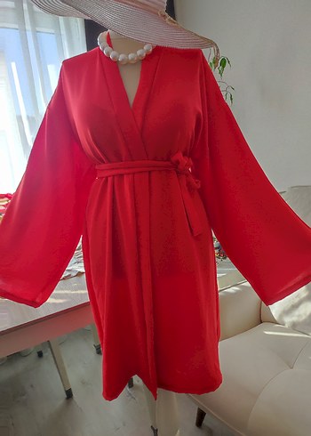 universal Beden Uzun Kırmızı Kadın Kimono V Yaka
