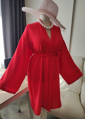 Uzun Kırmızı Kadın Kimono V Yaka