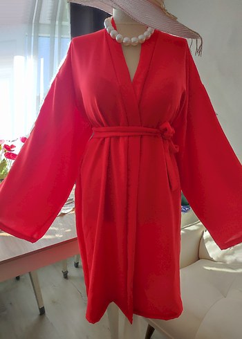 Diğer Uzun Kırmızı Kadın Kimono V Yaka