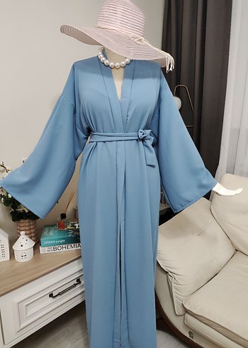 Zara Mavi Uzun Kollu Kuşaklı krep kumaş Bohem Kimono