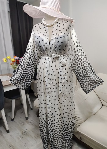 Uzun Kollu Bohem Puantiyeli Kadın Sabahlık - Görsel 5