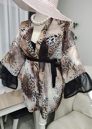 Leopar Desenli Dantel Detaylı Mini Kimono - Görsel 2