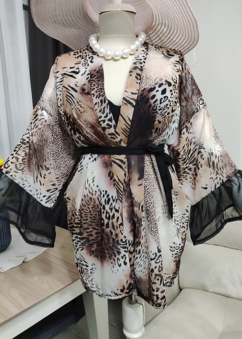 Leopar Desenli Dantel Detaylı Mini Kimono - Görsel 7