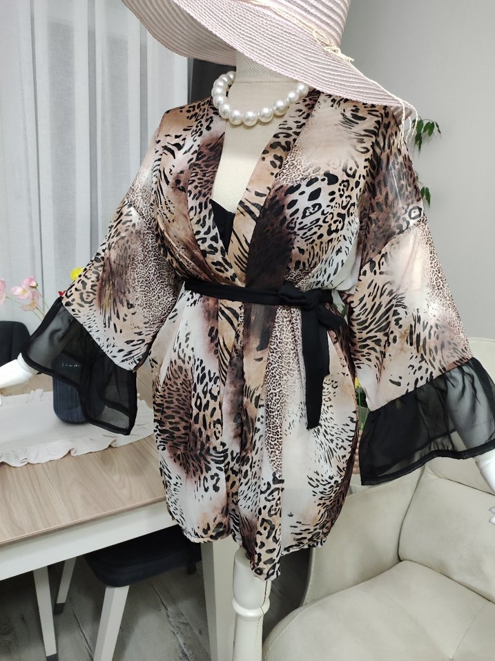 Leopar Desenli Dantel Detaylı Mini Kimono - Görsel 3