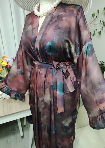 Bordo Uzun Bağlamalı Salaş Kimono - Görsel 7