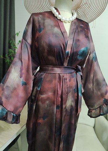 Bordo Uzun Bağlamalı Salaş Kimono - Görsel 8