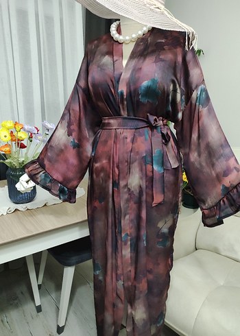 Bordo Uzun Bağlamalı Salaş Kimono - Görsel 2
