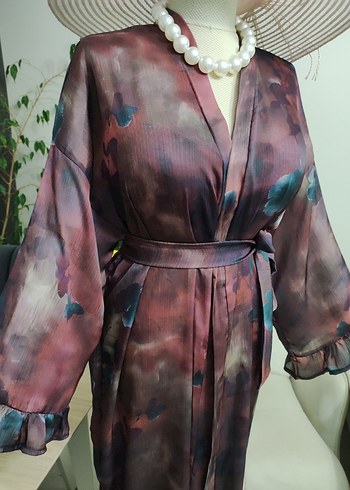 Bordo Uzun Bağlamalı Salaş Kimono - Görsel 9