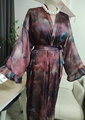Bordo Uzun Bağlamalı Salaş Kimono - Görsel 5
