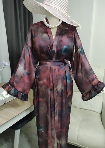 Bordo Uzun Bağlamalı Salaş Kimono - Görsel 6