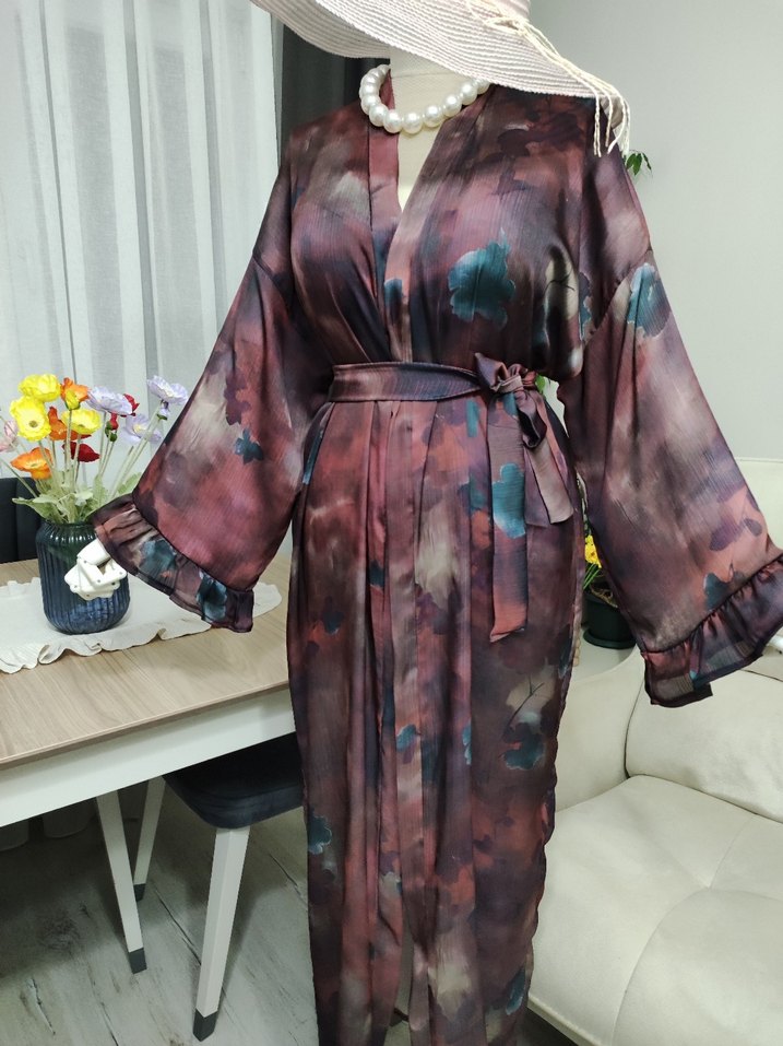 Bordo Uzun Bağlamalı Salaş Kimono - Görsel 2