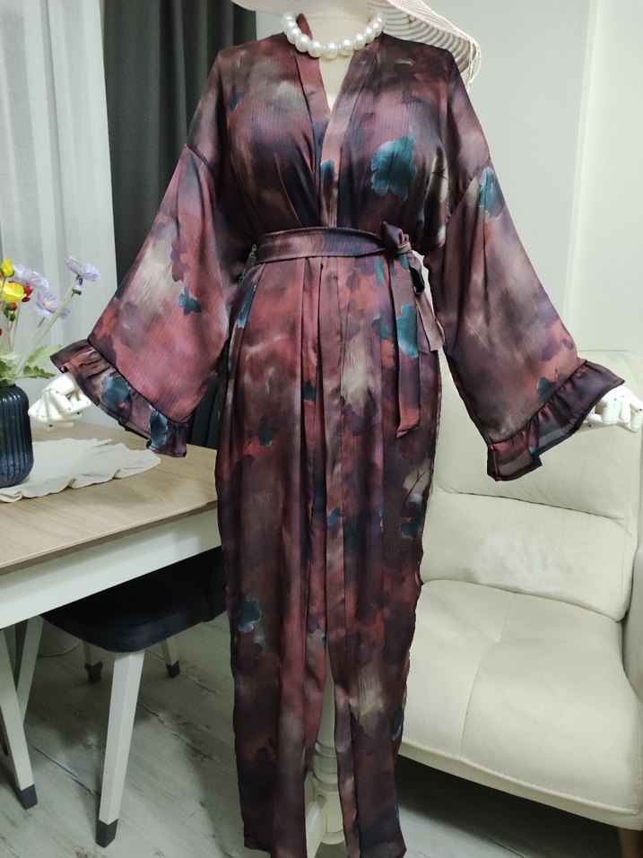 Bordo Uzun Bağlamalı Salaş Kimono - Görsel 4