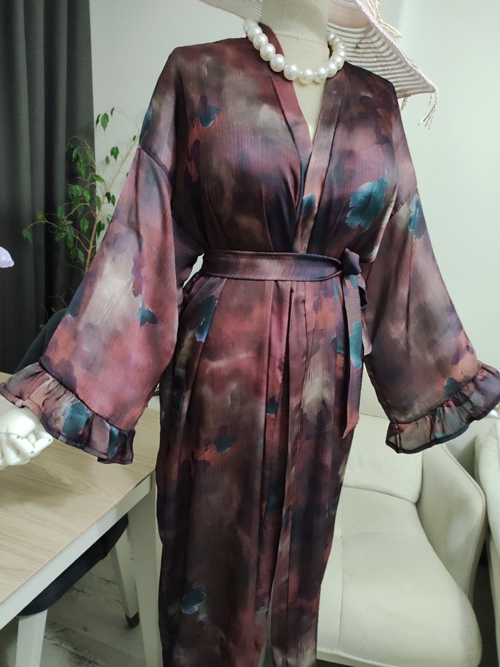 Bordo Uzun Bağlamalı Salaş Kimono - Görsel 5