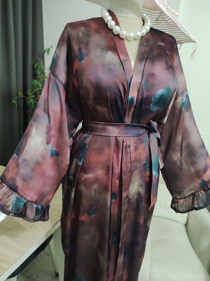 Bordo Uzun Bağlamalı Salaş Kimono - Görsel 3