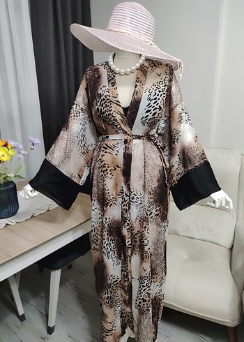 Uzun Kahverengi Zebra Desenli Bohem Kimono - Görsel 2