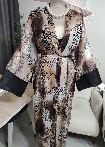 Uzun Kahverengi Zebra Desenli Bohem Kimono - Görsel 4