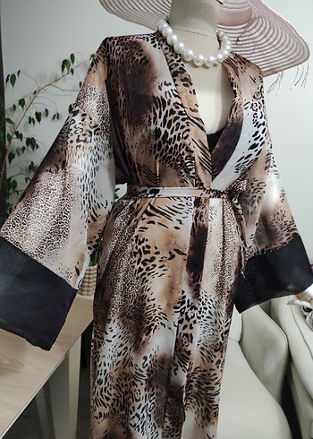 Uzun Kahverengi Zebra Desenli Bohem Kimono - Görsel 10