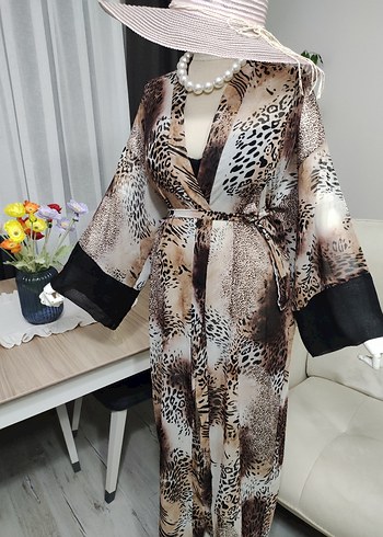 Uzun Kahverengi Zebra Desenli Bohem Kimono - Görsel 8