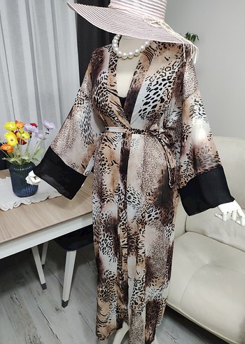 Uzun Kahverengi Zebra Desenli Bohem Kimono - Görsel 9