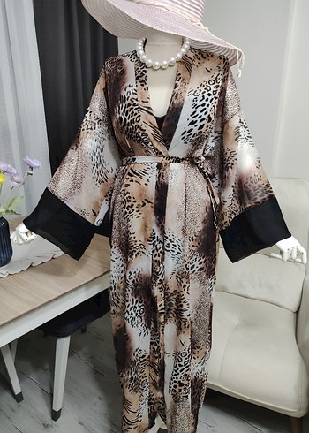 Uzun Kahverengi Zebra Desenli Bohem Kimono - Görsel 3