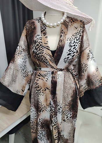 Uzun Kahverengi Zebra Desenli Bohem Kimono - Görsel 13
