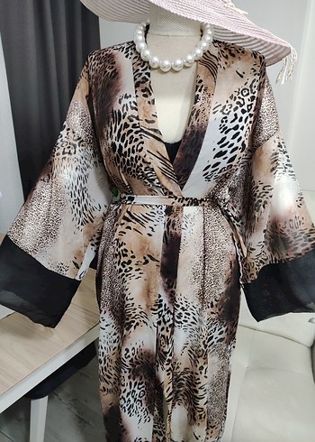 Uzun Kahverengi Zebra Desenli Bohem Kimono - Görsel 6