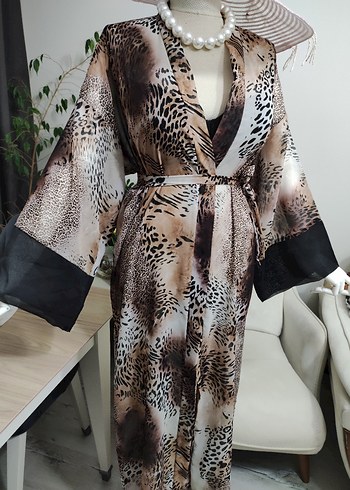 Uzun Kahverengi Zebra Desenli Bohem Kimono - Görsel 5