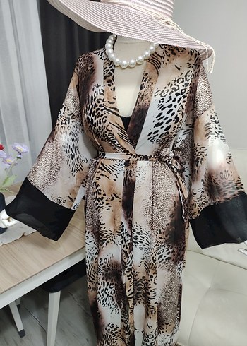 Uzun Kahverengi Zebra Desenli Bohem Kimono - Görsel 7