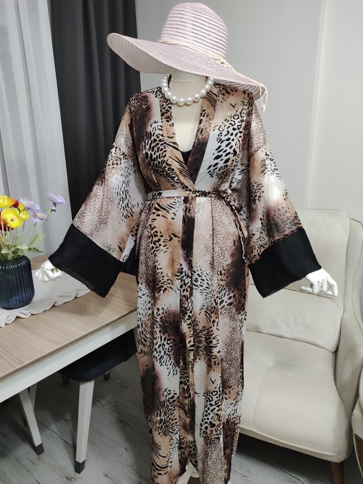Uzun Kahverengi Zebra Desenli Bohem Kimono - Görsel 2