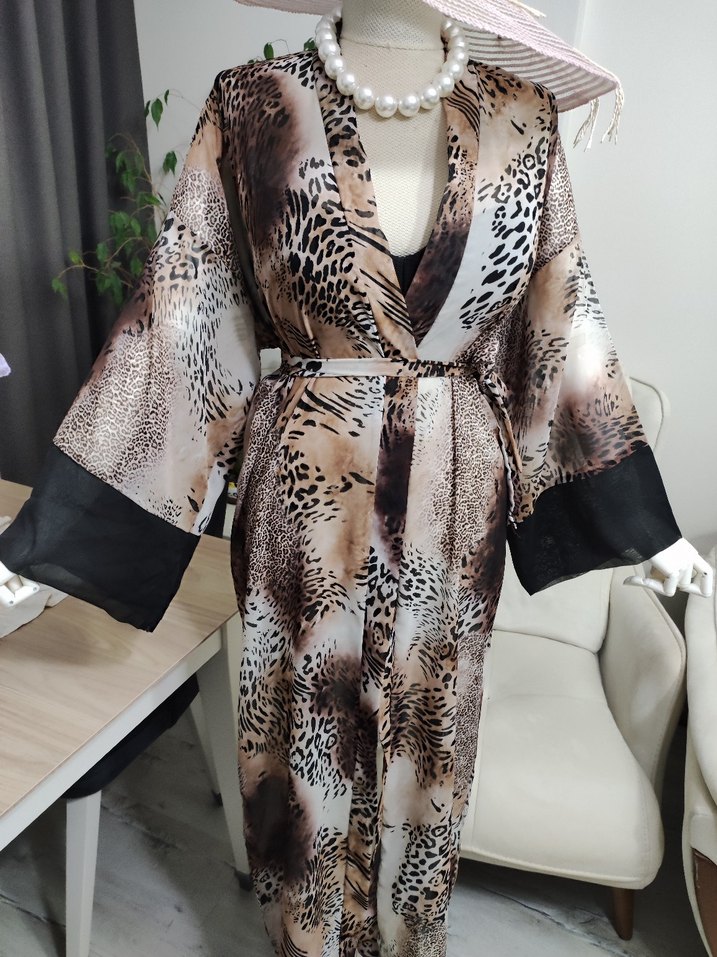 Uzun Kahverengi Zebra Desenli Bohem Kimono - Görsel 4
