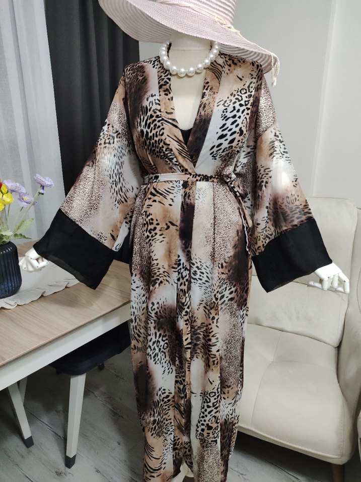 Uzun Kahverengi Zebra Desenli Bohem Kimono - Görsel 3