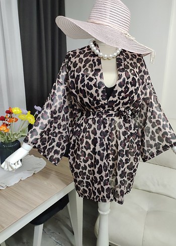 Leopar Desenli Kemerli Kısa Bohem Kimono - Görsel 6