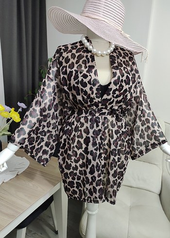 Leopar Desenli Kemerli Kısa Bohem Kimono - Görsel 5