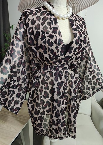 Leopar Desenli Kemerli Kısa Bohem Kimono - Görsel 8