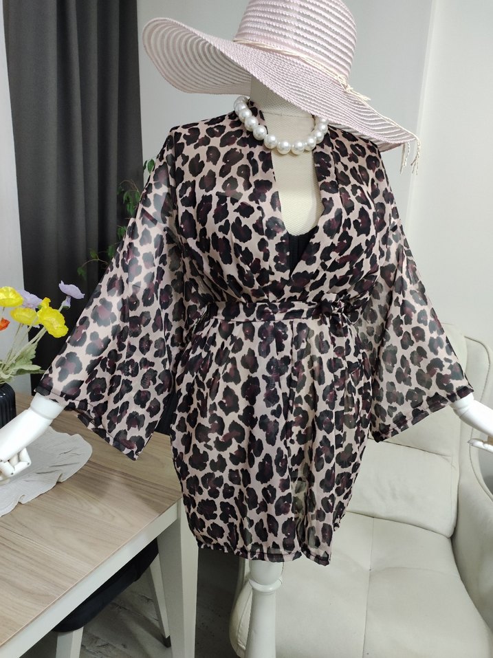 Leopar Desenli Kemerli Kısa Bohem Kimono - Görsel 5