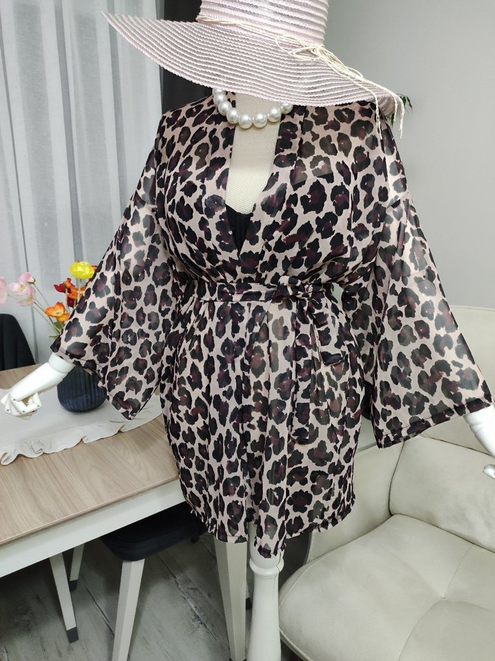 Leopar Desenli Kemerli Kısa Bohem Kimono - Görsel 4